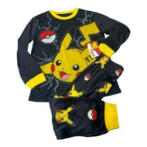 Pokemon Pikachu Black Yellow Long Sleeve Pants Pajama Set Boy’s Size 14/16 New